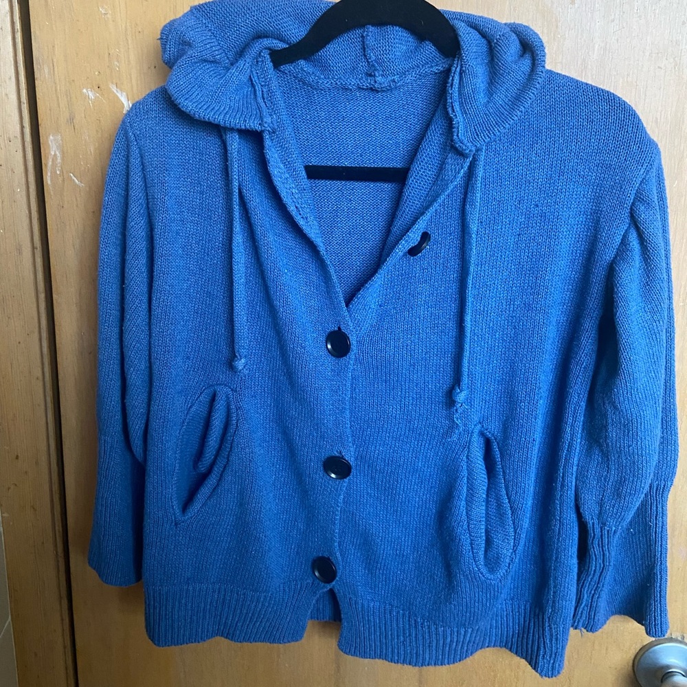 Size M blue crop button up sweater with hood